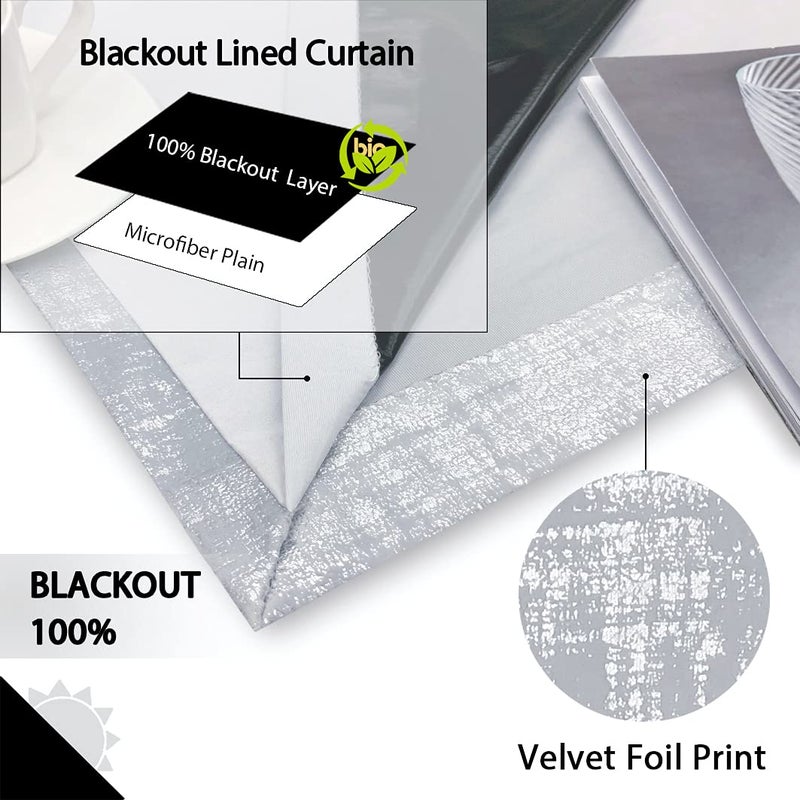 always4u 100% Blackout Soft Velvet Curtains for Bedroom Living Room Thermal Energy Saving 84 Inches Long Luxury Silver Foil Print Drapes 2 Panels Silver - Image 2